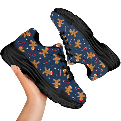 Xmas Gingerbread Man Pattern Print Black Chunky Shoes