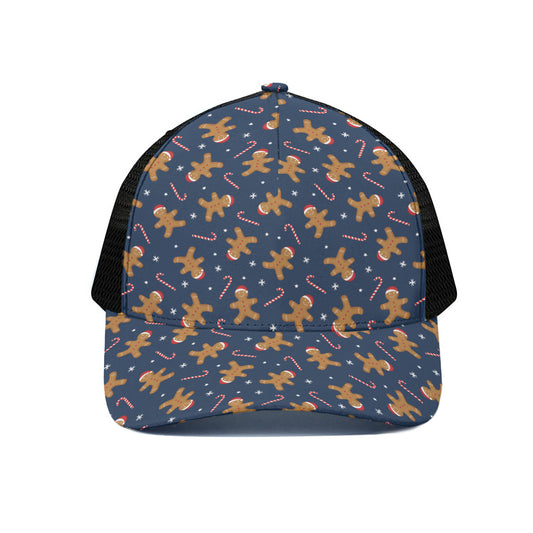 Xmas Gingerbread Man Pattern Print Black Mesh Trucker Cap