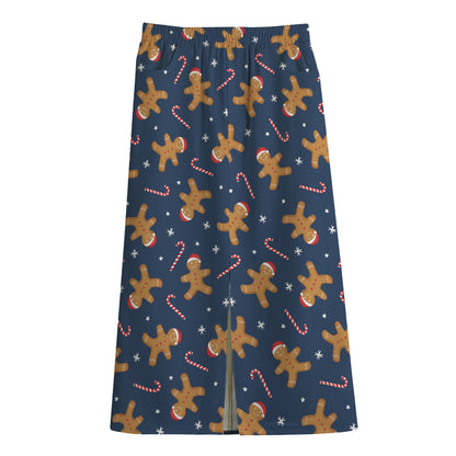 Xmas Gingerbread Man Pattern Print Cotton Front Slit Maxi Skirt