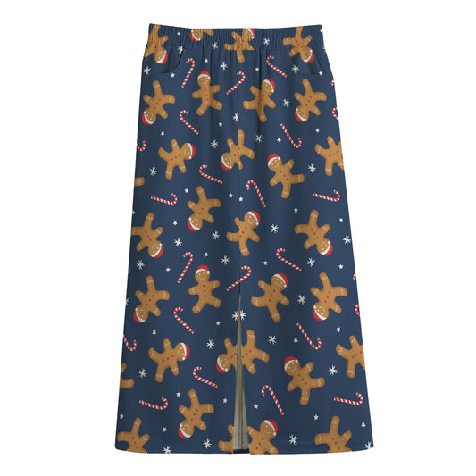 Xmas Gingerbread Man Pattern Print Cotton Front Slit Maxi Skirt