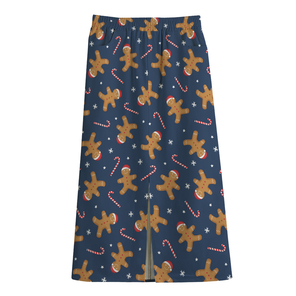 Xmas Gingerbread Man Pattern Print Cotton Front Slit Maxi Skirt