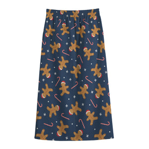 Xmas Gingerbread Man Pattern Print Cotton Front Slit Maxi Skirt