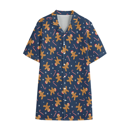 Xmas Gingerbread Man Pattern Print Cotton Hawaiian Shirt