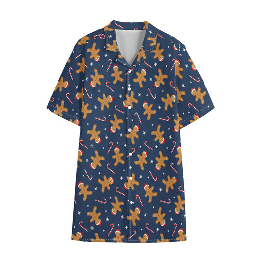 Xmas Gingerbread Man Pattern Print Cotton Hawaiian Shirt