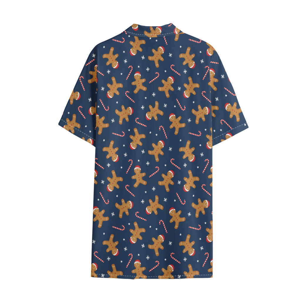 Xmas Gingerbread Man Pattern Print Cotton Hawaiian Shirt