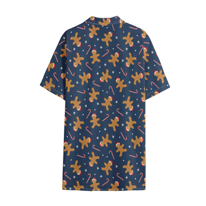 Xmas Gingerbread Man Pattern Print Cotton Hawaiian Shirt