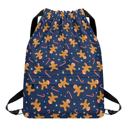 Xmas Gingerbread Man Pattern Print Drawstring Backpack