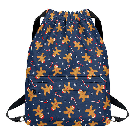 Xmas Gingerbread Man Pattern Print Drawstring Backpack