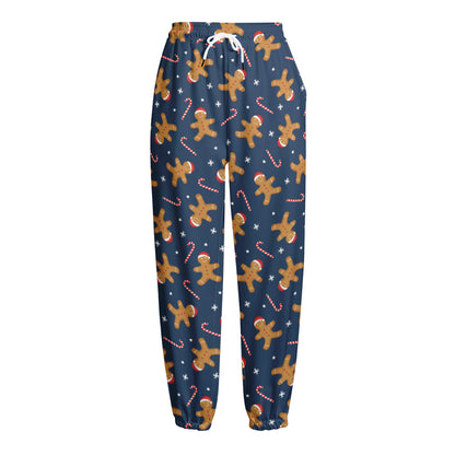 Xmas Gingerbread Man Pattern Print Fleece Lined Knit Pants