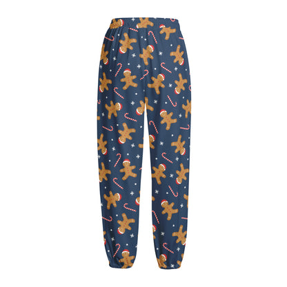Xmas Gingerbread Man Pattern Print Fleece Lined Knit Pants