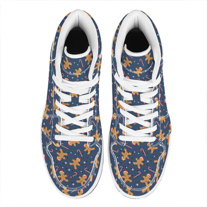Xmas Gingerbread Man Pattern Print High Top Leather Sneakers