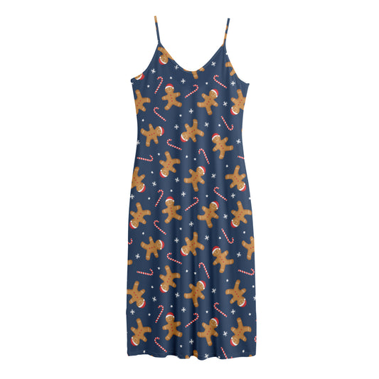 Xmas Gingerbread Man Pattern Print Jersey Midi Cami Dress