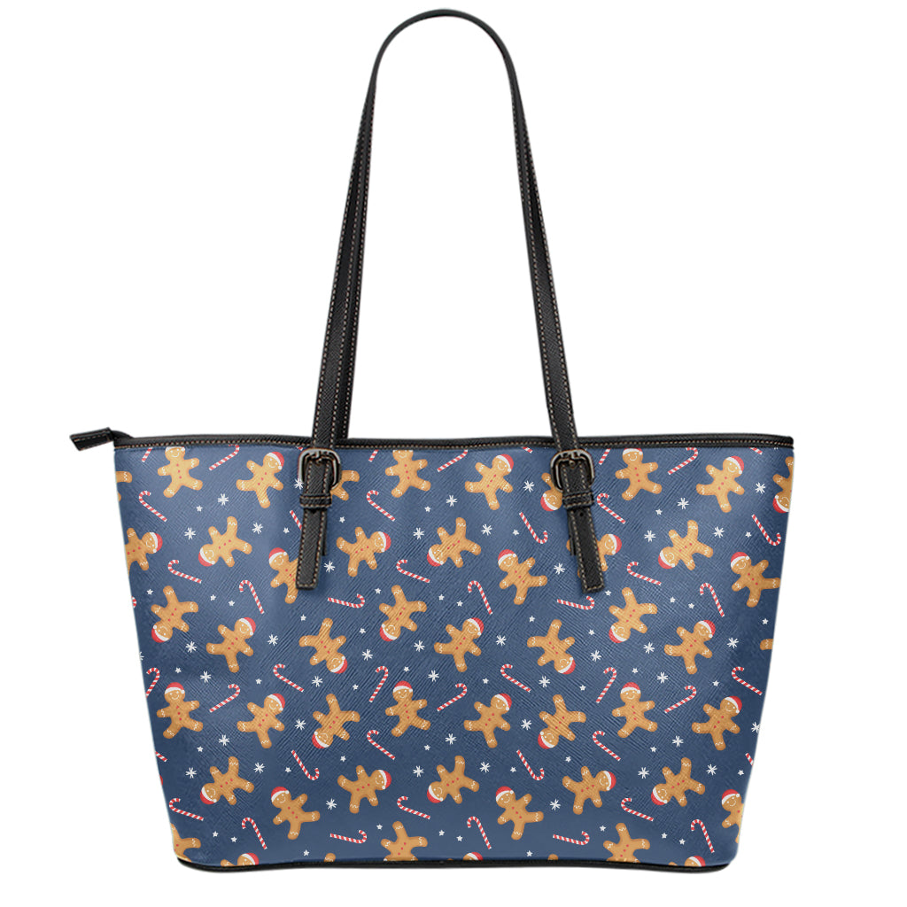 Xmas Gingerbread Man Pattern Print Leather Tote Bag
