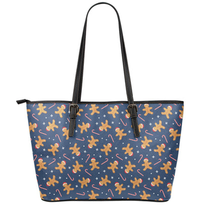 Xmas Gingerbread Man Pattern Print Leather Tote Bag
