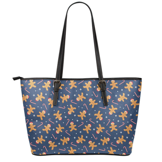 Xmas Gingerbread Man Pattern Print Leather Tote Bag