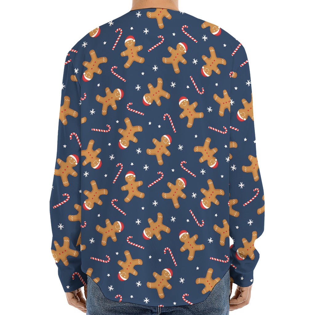 Xmas Gingerbread Man Pattern Print Long Sleeve Baseball Jersey