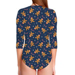 Xmas Gingerbread Man Pattern Print Long Sleeve Swimsuit