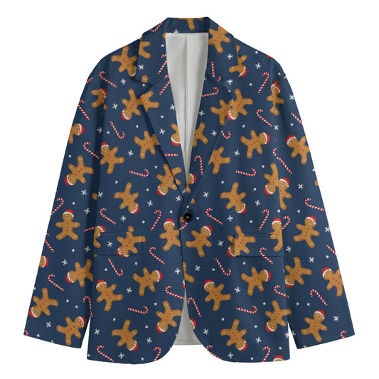 Xmas Gingerbread Man Pattern Print Men's Cotton Blazer