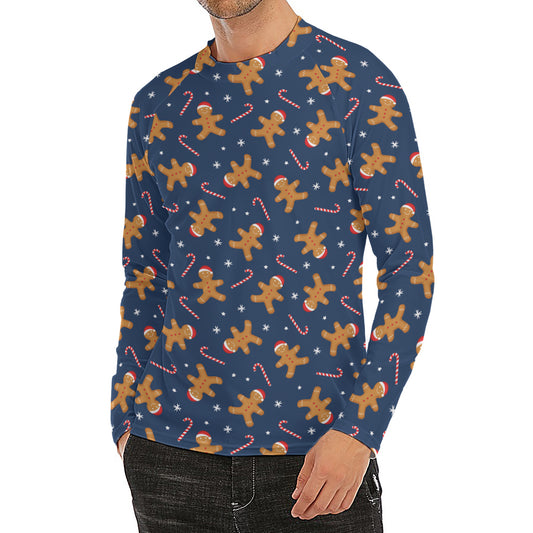 Xmas Gingerbread Man Pattern Print Men's Long Sleeve Rash Guard