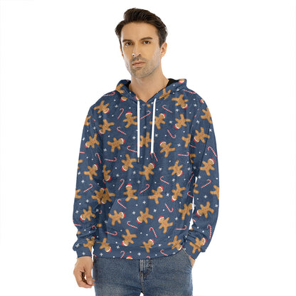Xmas Gingerbread Man Pattern Print Men's Velvet Pullover Hoodie