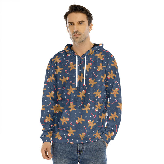 Xmas Gingerbread Man Pattern Print Men's Velvet Pullover Hoodie