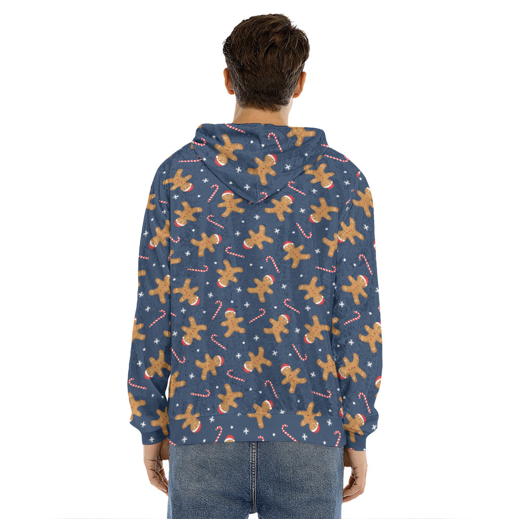 Xmas Gingerbread Man Pattern Print Men's Velvet Pullover Hoodie