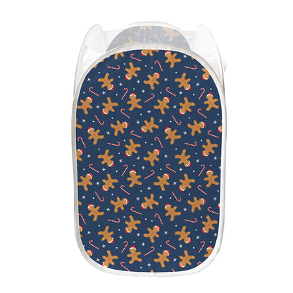 Xmas Gingerbread Man Pattern Print Mesh Laundry Hamper