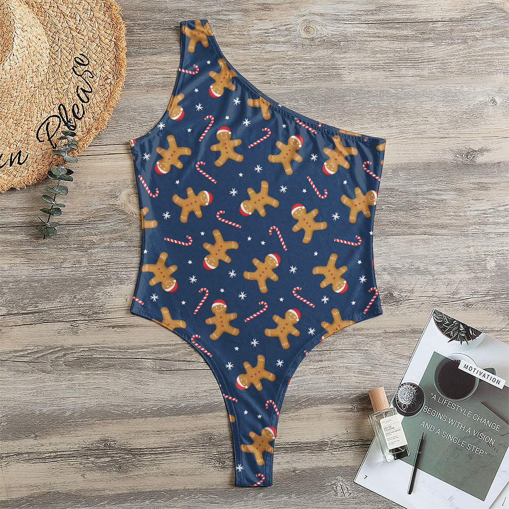 Xmas Gingerbread Man Pattern Print One Shoulder Bodysuit