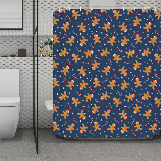 Xmas Gingerbread Man Pattern Print Polyester Shower Curtain