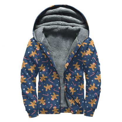 Xmas Gingerbread Man Pattern Print Sherpa Lined Zip Up Hoodie