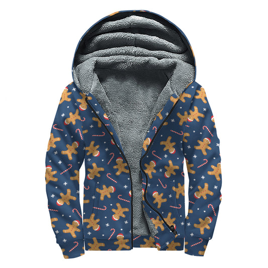 Xmas Gingerbread Man Pattern Print Sherpa Lined Zip Up Hoodie