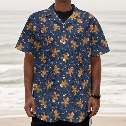 Xmas Gingerbread Man Pattern Print Textured Short Sleeve Shirt