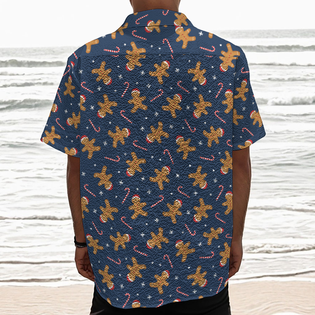 Xmas Gingerbread Man Pattern Print Textured Short Sleeve Shirt