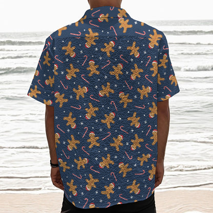 Xmas Gingerbread Man Pattern Print Textured Short Sleeve Shirt