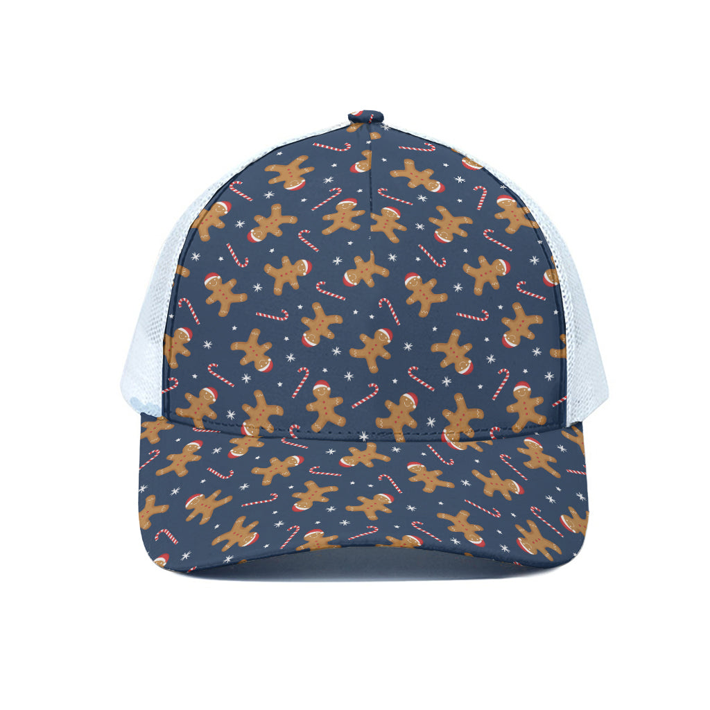 Xmas Gingerbread Man Pattern Print White Mesh Trucker Cap