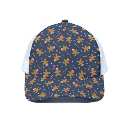 Xmas Gingerbread Man Pattern Print White Mesh Trucker Cap