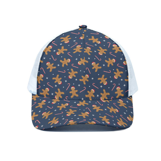 Xmas Gingerbread Man Pattern Print White Mesh Trucker Cap