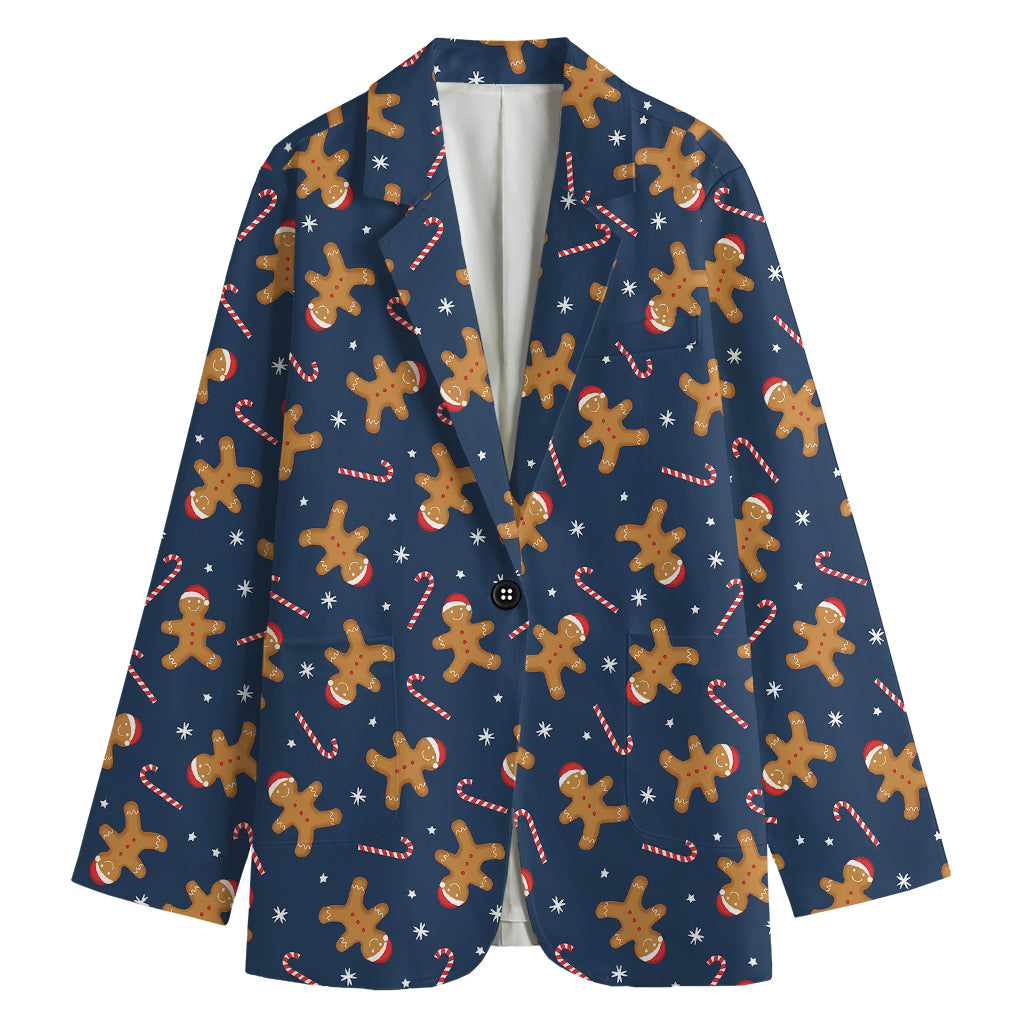 Xmas Gingerbread Man Pattern Print Women's Cotton Blazer