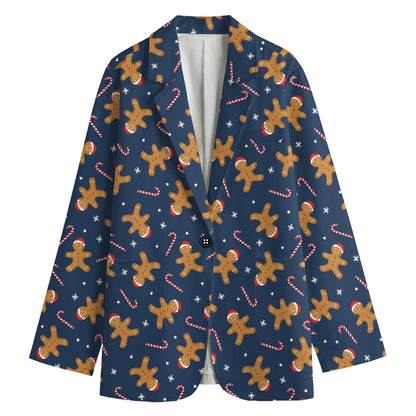 Xmas Gingerbread Man Pattern Print Women's Cotton Blazer