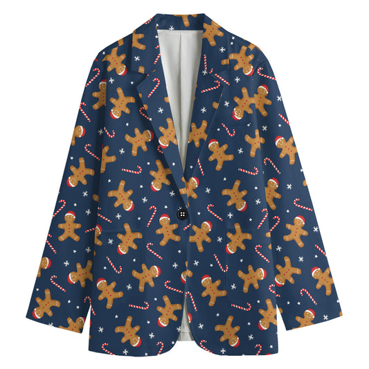 Xmas Gingerbread Man Pattern Print Women's Cotton Blazer