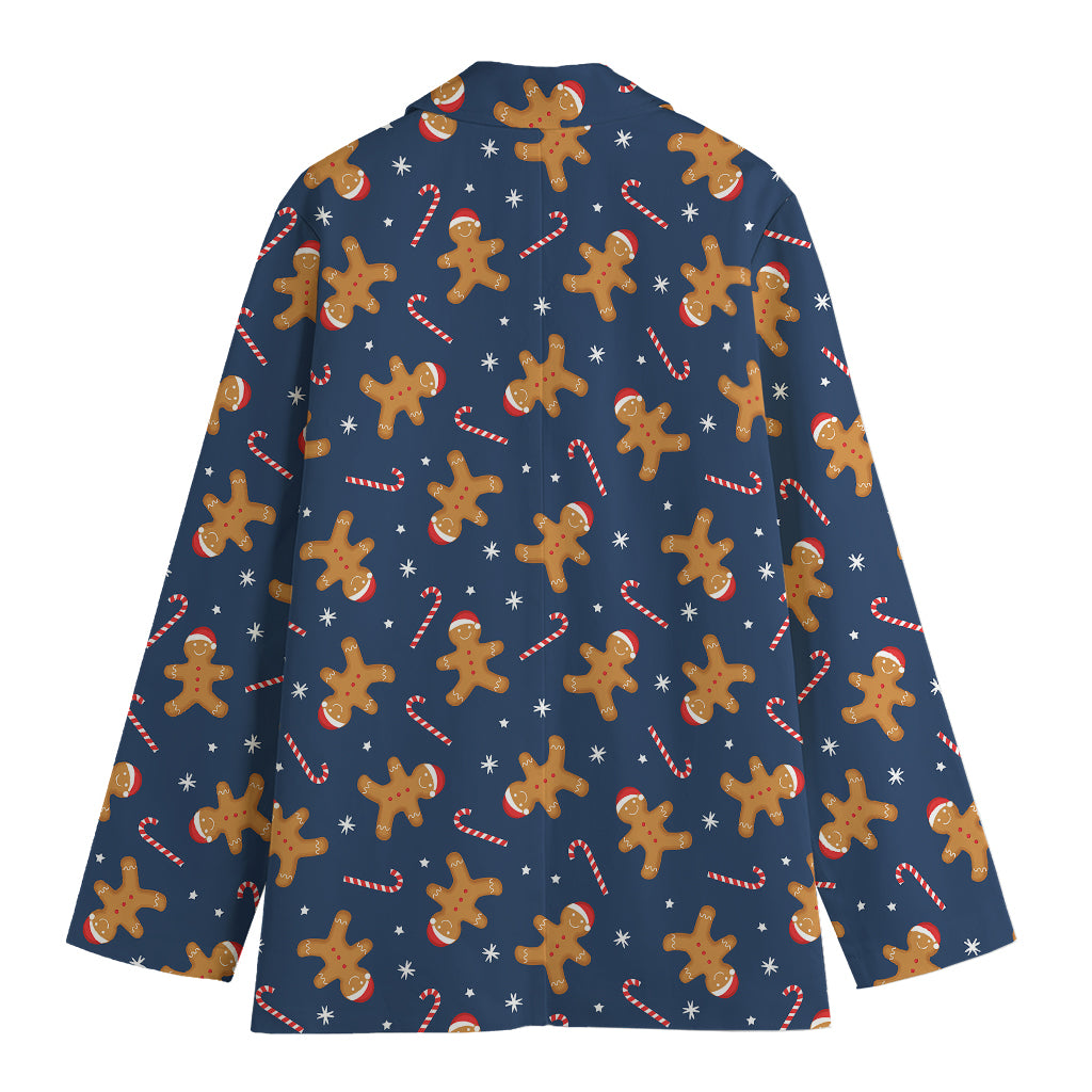 Xmas Gingerbread Man Pattern Print Women's Cotton Blazer