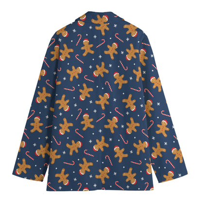 Xmas Gingerbread Man Pattern Print Women's Cotton Blazer