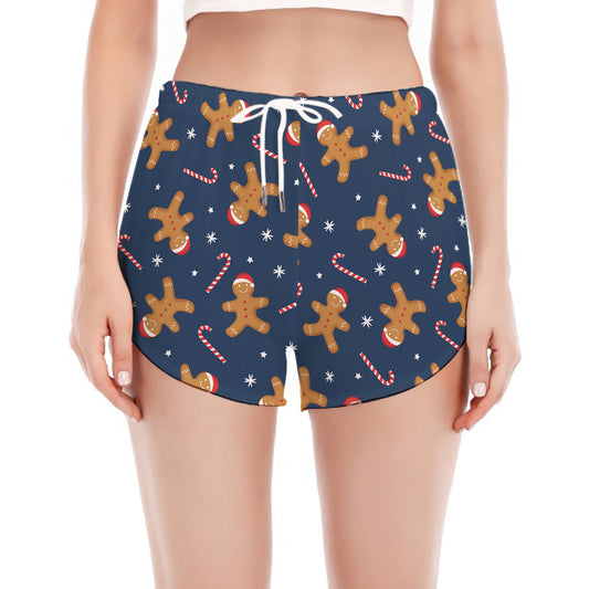 Xmas Gingerbread Man Pattern Print Women's Split Running Shorts