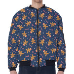 Xmas Gingerbread Man Pattern Print Zip Sleeve Bomber Jacket