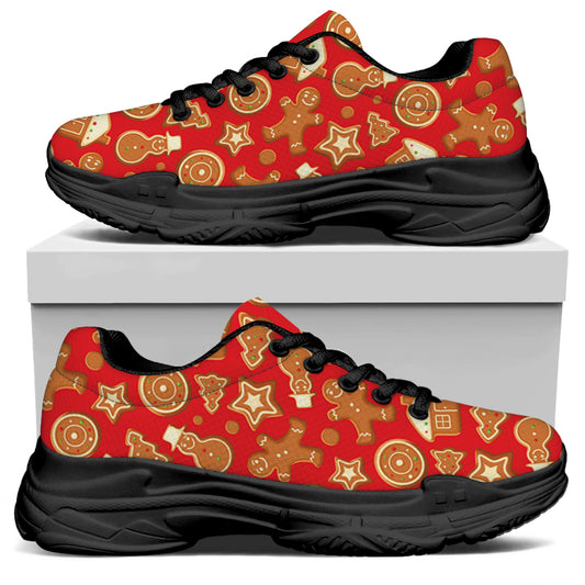 Xmas Gingerbread Pattern Print Black Chunky Shoes