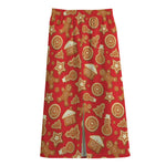 Xmas Gingerbread Pattern Print Cotton Front Slit Maxi Skirt