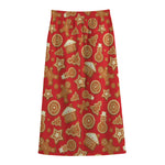 Xmas Gingerbread Pattern Print Cotton Front Slit Maxi Skirt