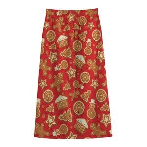 Xmas Gingerbread Pattern Print Cotton Front Slit Maxi Skirt