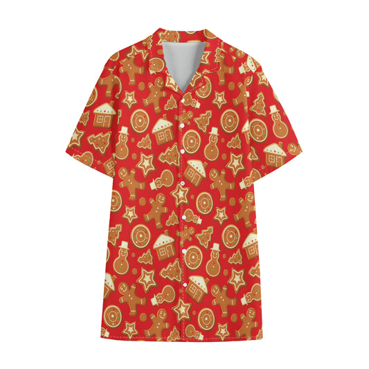 Xmas Gingerbread Pattern Print Cotton Hawaiian Shirt