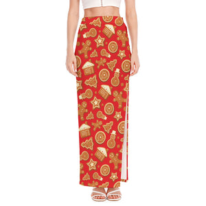 Xmas Gingerbread Pattern Print High Slit Maxi Skirt